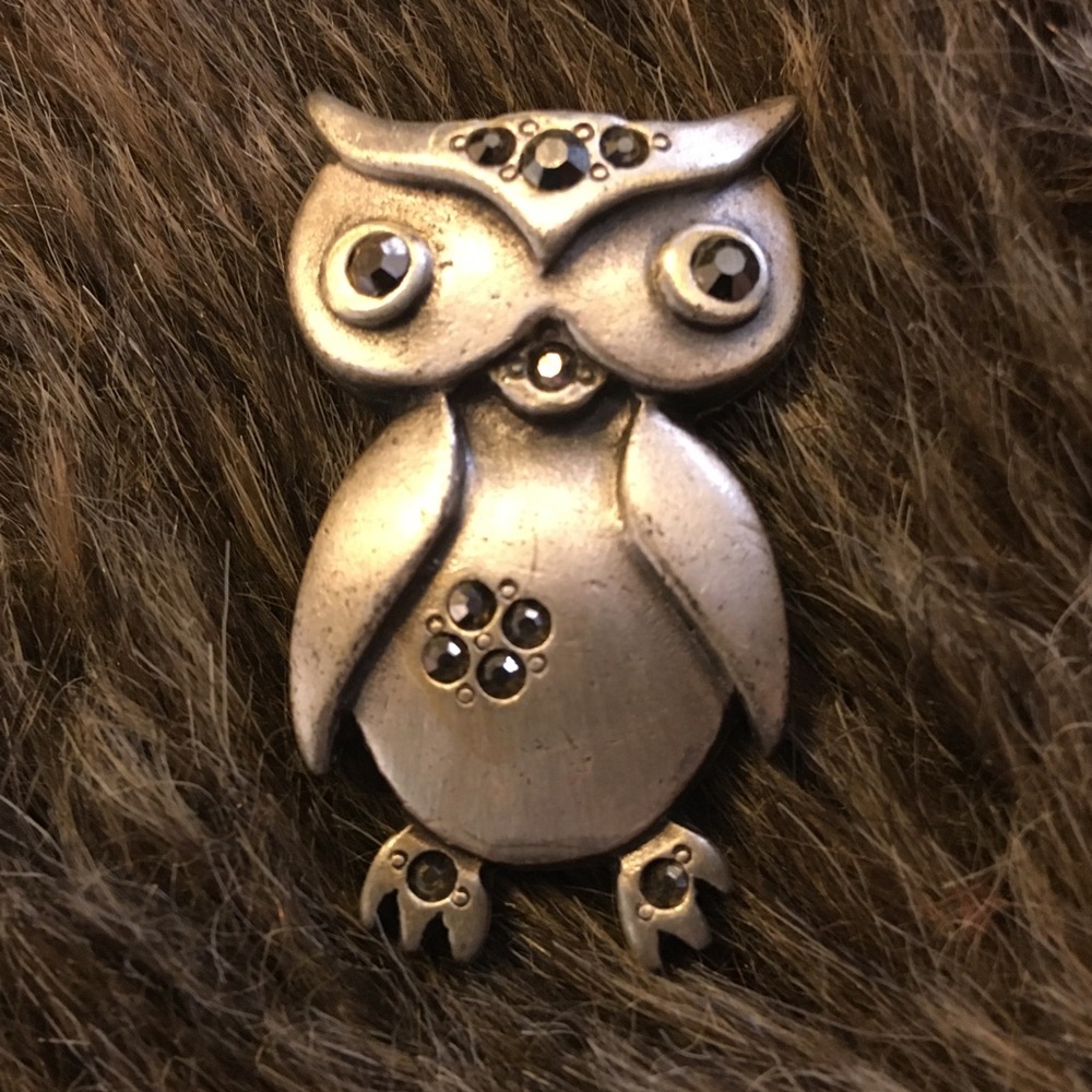 Vintage 80s matte silver tone marcasite owl brooch